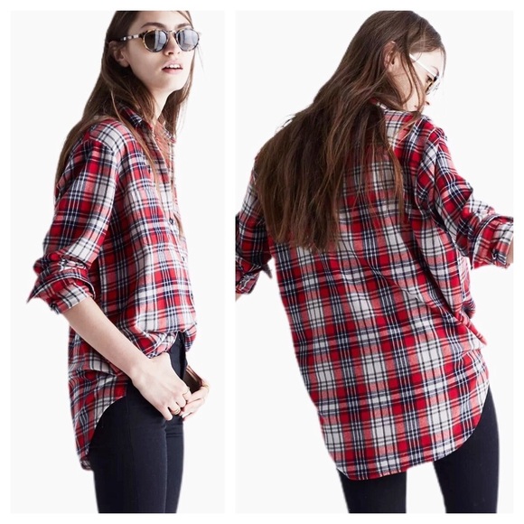 Madewell Red Oversized Ex Boyfriend Plaid Flannel Button Down Shirt Size XS - Picture 2 of 14